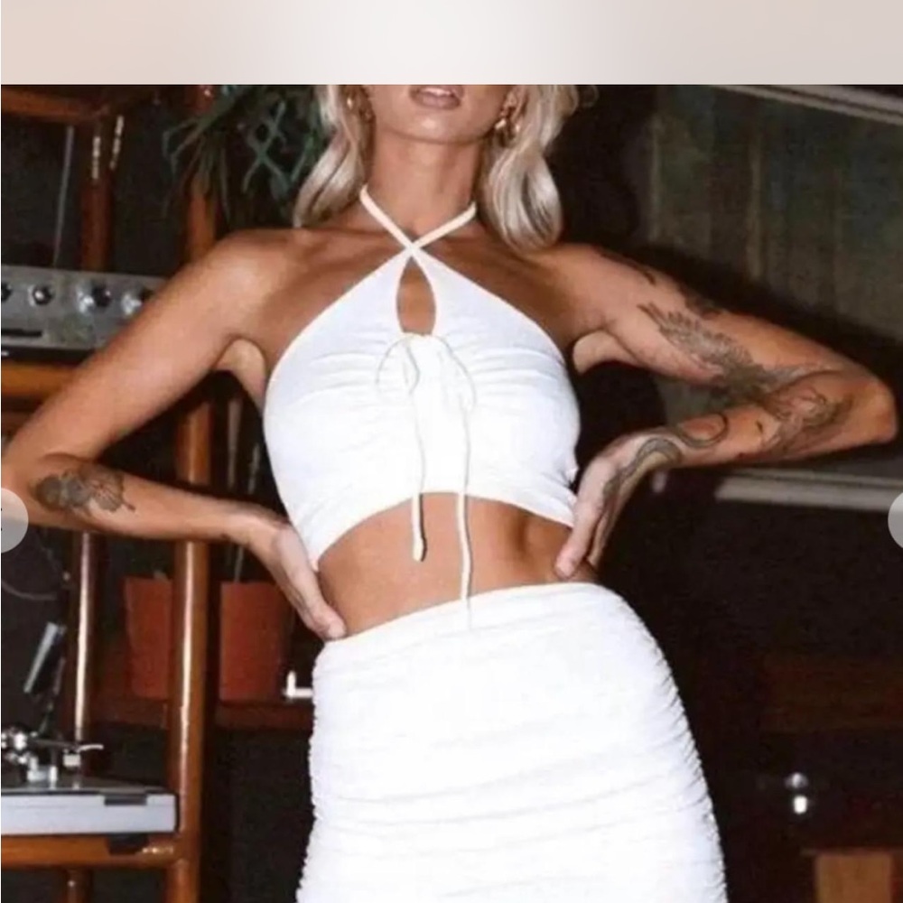 White Halter Crop Top and Skirt Set